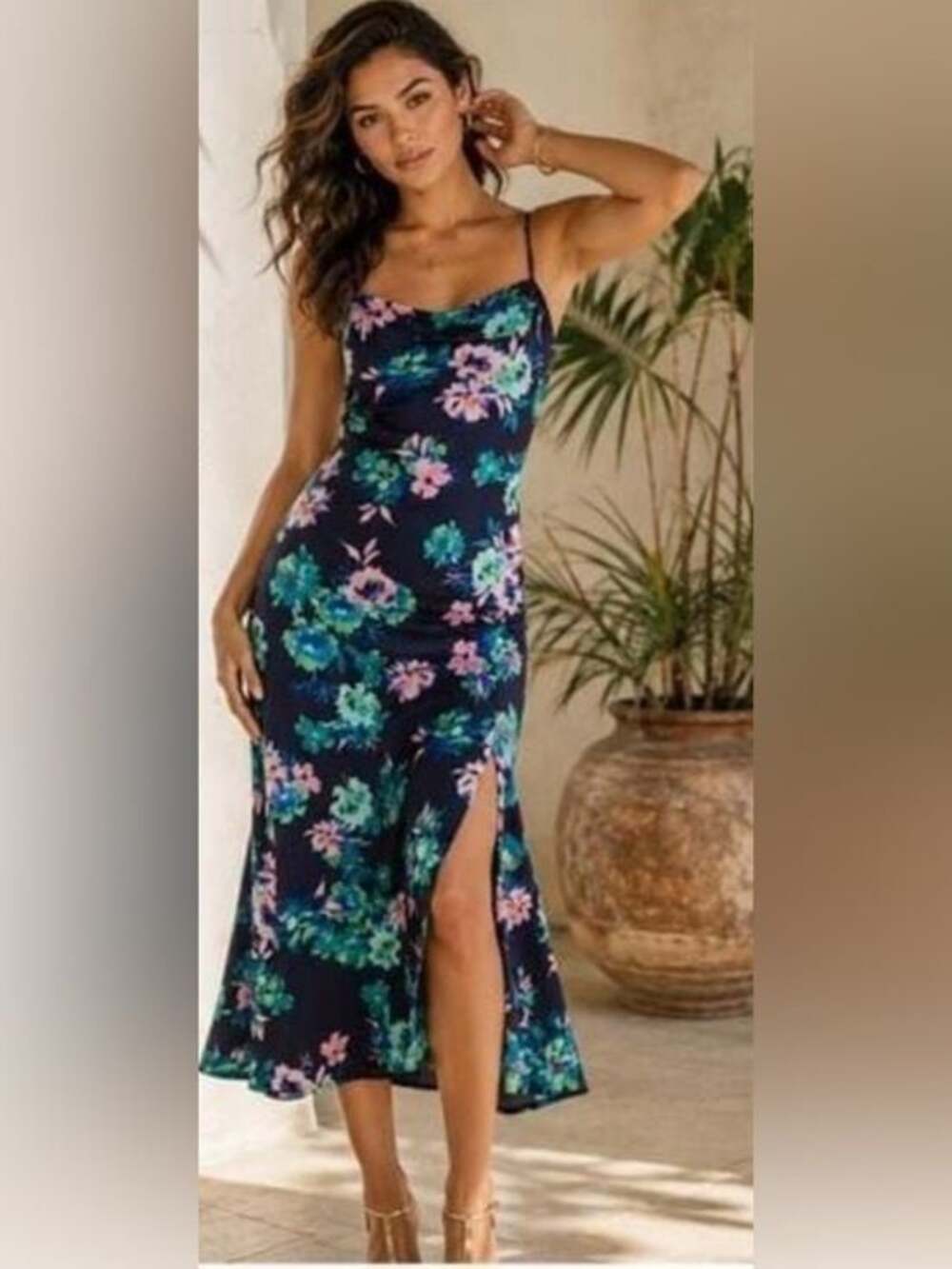 Navy Astr Floral Satin Slip Dress - Cowl Neck & Side Slit Sz Small